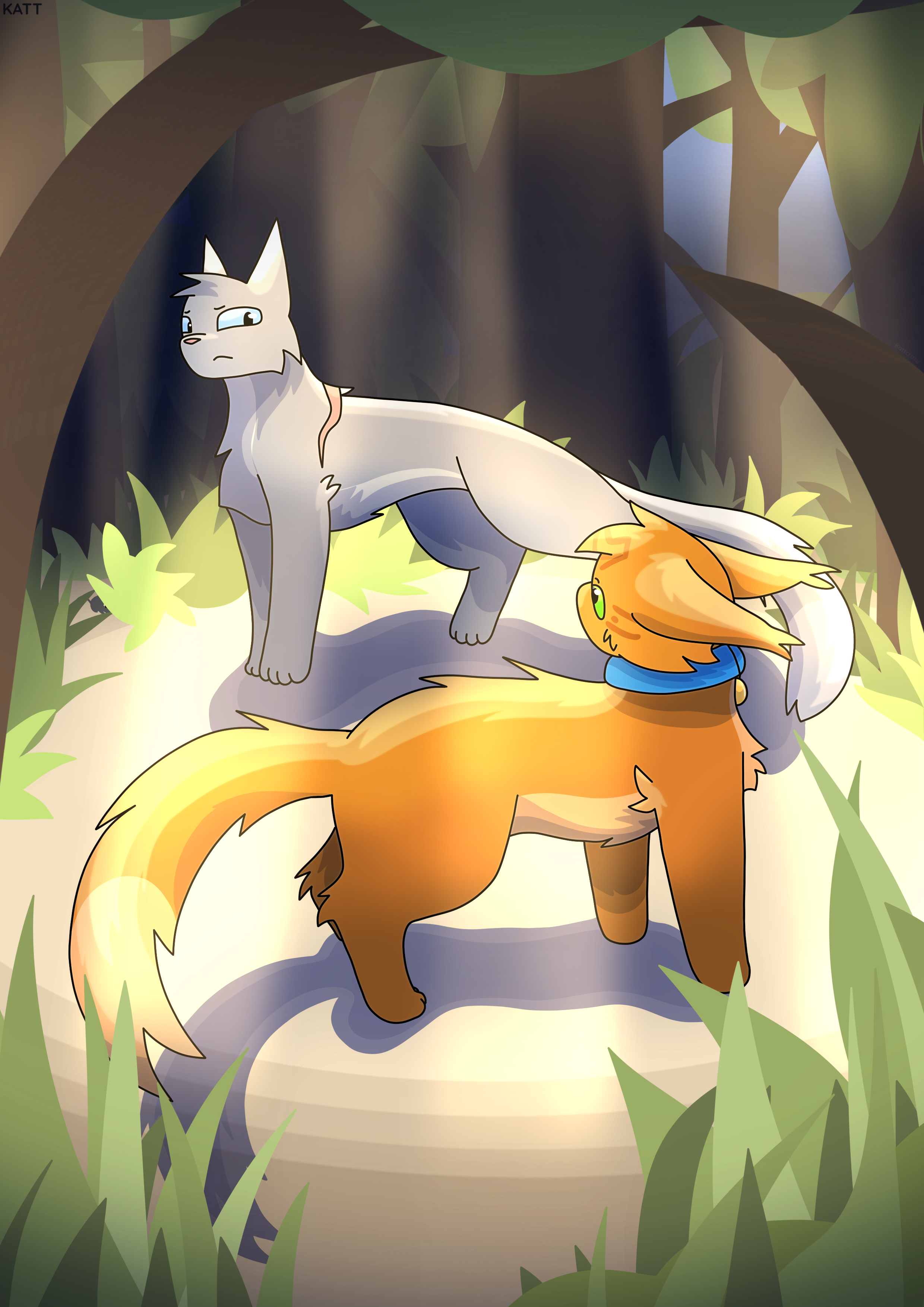 Artwork of Bluestar and Rusty meeting in a clearing